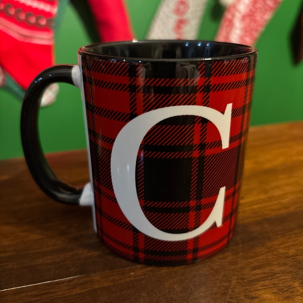 Letter C coffee mug with red and black plaid